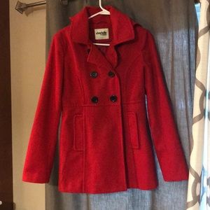 Red hooded pea coat